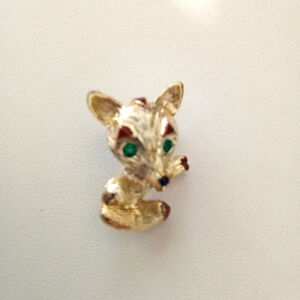 Fox Lapel Pin Brooch Vintage Gold Tone Green Rhinestone Eyes Enamel Nose Eyebrow